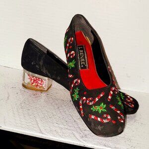 Christmas J Renee Candy Canes ladies black suede shoe 7.5W lucite heel w/ canes